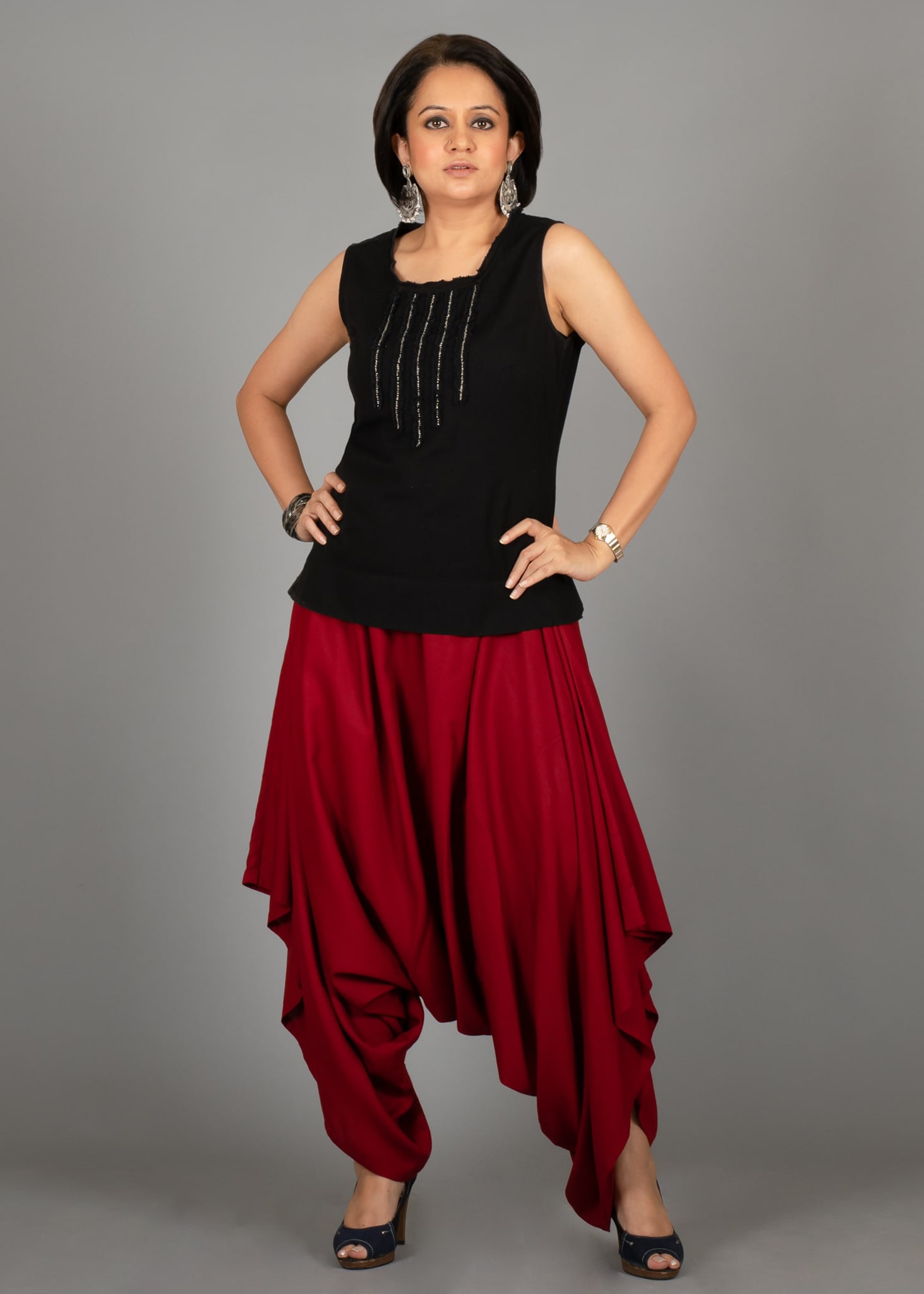 Pink Draped Dhoti Pants with Cream Ivory Long Draped Top and Embroidered  Neckline - Seasons India